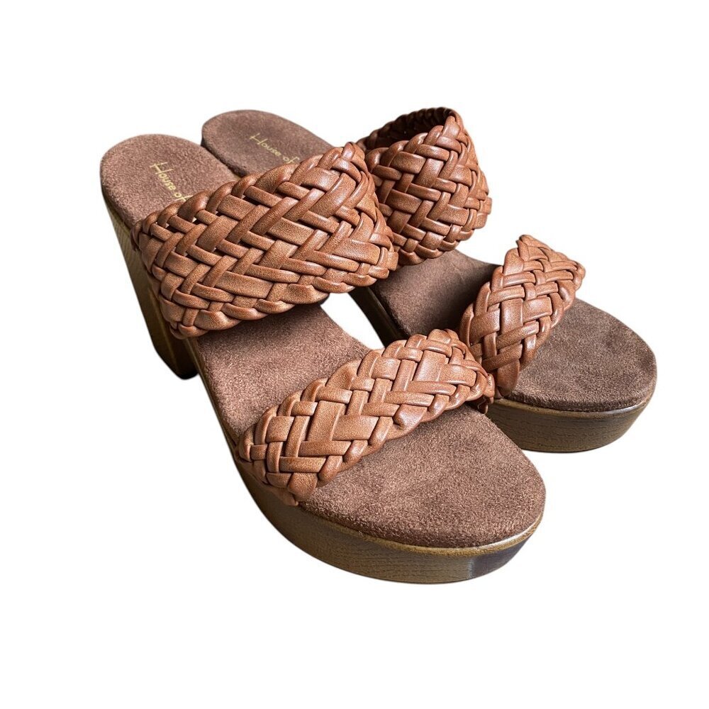 House of Harlow 1960 NWT Cognac Brown Braided Leather Platform Sandals Size 9.5 - Picture 2 of 8